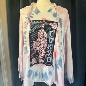 Tie-Dye Tokyo Graphic Hoodie Handmade Upcycled Pink Blue White and Black